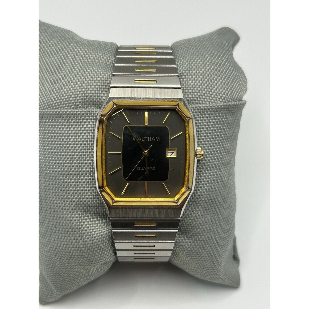 Vintage Waltham Quartz Watch Two Tone Stainless Steel Gold Black Dial Date